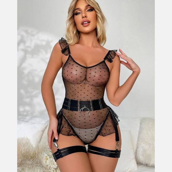 Women 4 Piece Sexy Ring Linked Garter Lingerie Set Sheer Lace Bodysuit Underwear - Picture 4 of 8